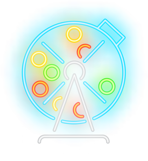 Neon icon of lottery drum. Lotto machine with balls inside on brick wall background. Lottery game concept. Can be used for neon signs, posters, billboards, banners