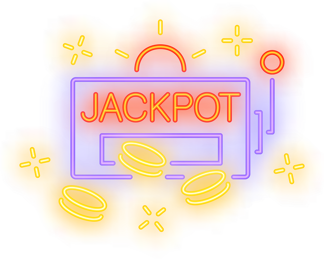 Jackpot neon sign. Slot machine shape with chips or coins on brick wall background. Night bright advertisement. Illustration in neon style for gambling
